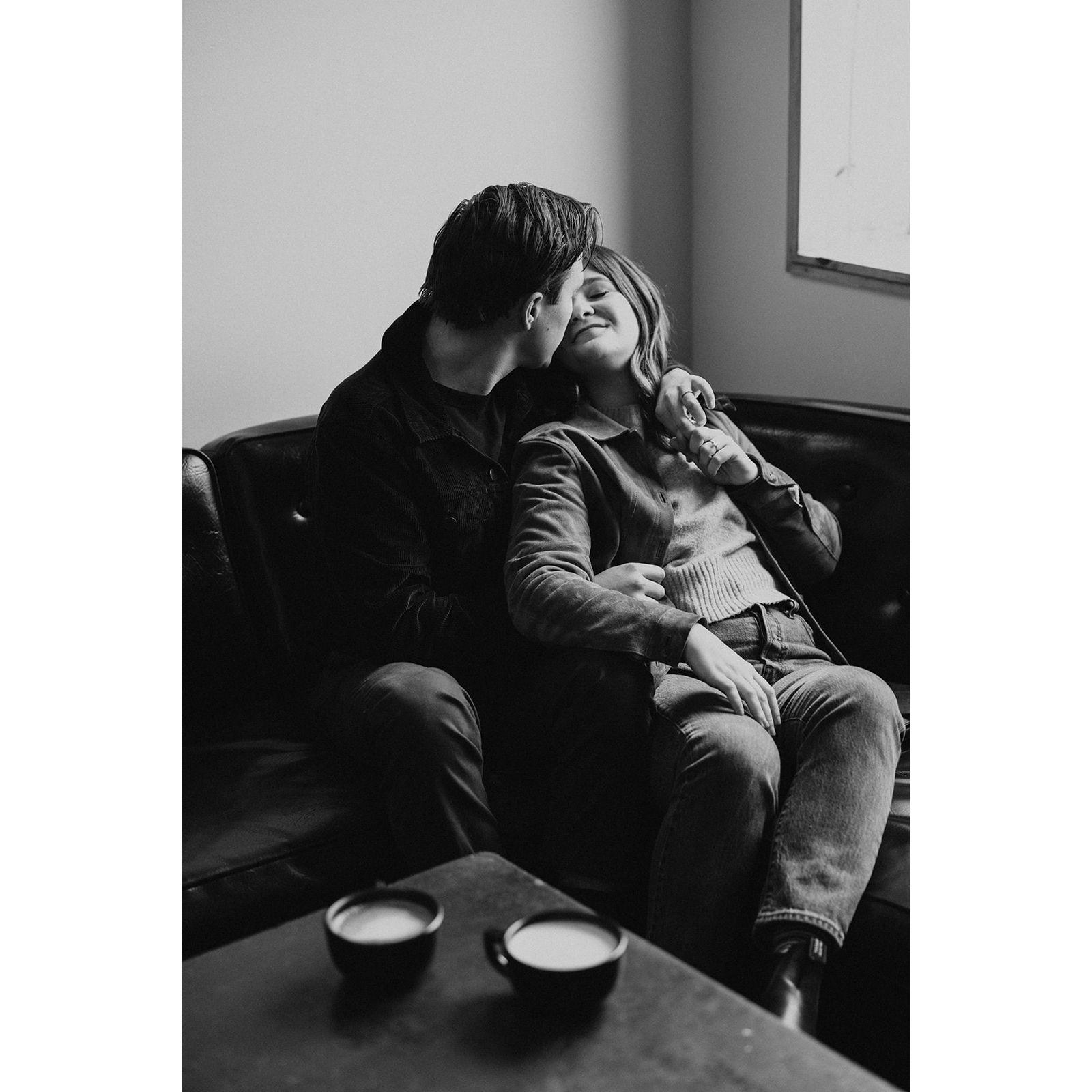 Engagement photos by In the Alpenglow at Bluebeard Coffee Roasters on a rainy day in Tacoma, Wahington in the fall of 2023.