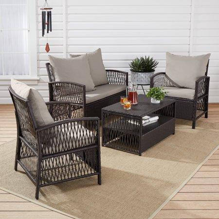 Mainstays Sanza Rattan 4-Piece Wicker Patio Furniture Conversation Set, Beige