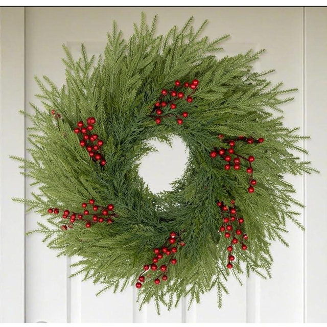 ESTABA Artificial Christmas Wreaths for Front Door, 26IN Large Winter Pine Wreath with Red Berries, DIY Friendly Real Touch Door Wreath for Wall Window Porch Farmhouse, Indoor Outdoor Decor Wreath