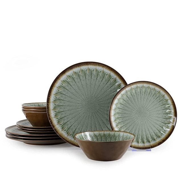 Gufaith 12 Pcs Melamine Dinnerware Sets, Party Plates and Bowls Sets, Camping Dish Set, Unbreakable, BPA Free, Dishwasher Safe(Classic Green)