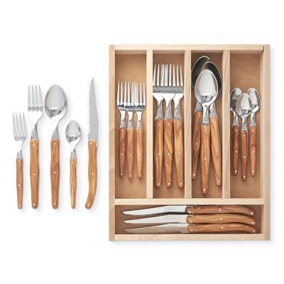 Jean Dubost Laguiole 20-Piece Flatware Set with In-Drawer Box, Olivewood