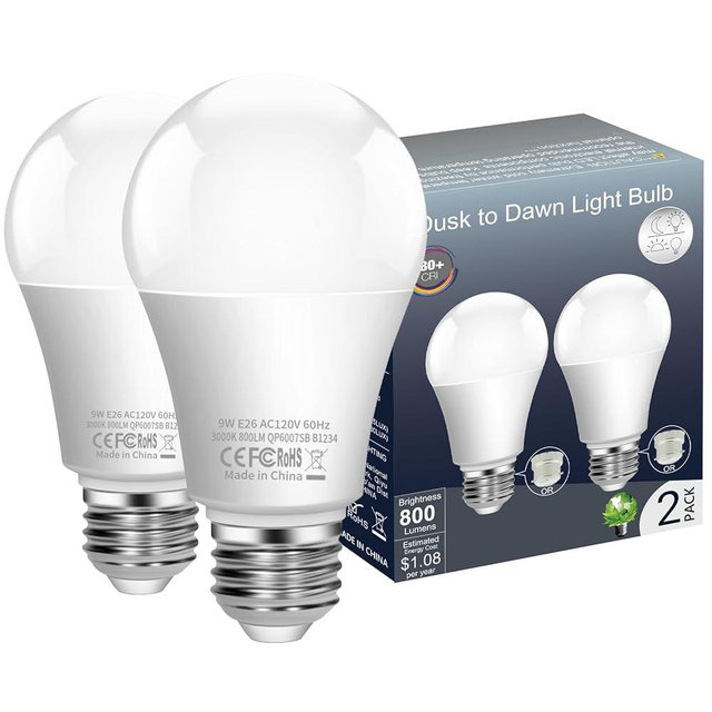 Dusk to Dawn Light Bulb,Build in Light Sensor Detector,9W(60W Equivalent),A19 Photocell Sensor Bulb,No Timer Required,3000K Warm White,for Indoor or Outdoor Use,Boundary,Garage,Patio,2-Pack by Boxlood