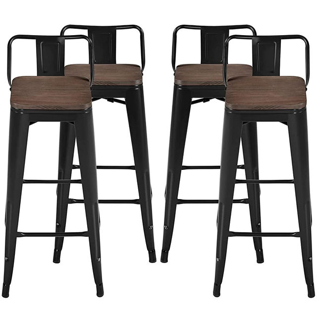 Yaheetech 30" Metal Barstools Set of 4 Bar Height Bar Stools with Wooden Top Low Back Industrial Bar Stools Metal Stool for Indoor-Outdoor Counter Stools with Wooden Seat Matte Black
