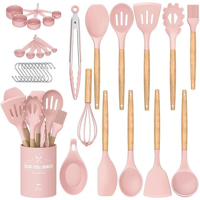 Kitchen Cooking Utensils Set, Umite Chef 33 pcs Non-stick Silicone Cooking Kitchen Utensils Spatula Set with Holder, Wooden Handle Silicone Kitchen Gadgets Utensil Set (Pink)