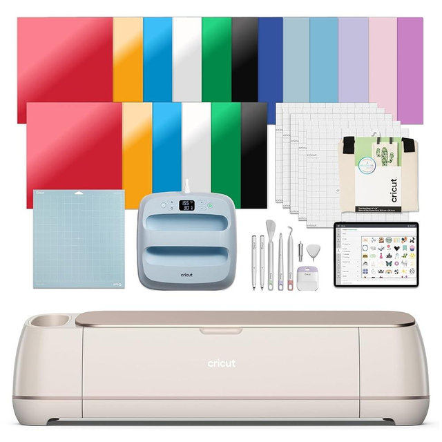 Cricut Maker 4 - Smart Cutting Machine (Seashell) | Engagement Plus Bundle - Includes EasyPress 3 Heat Press (9x9) + Mat, Tote Bag, Material Samplers, Machine Mat, Pens, Tools, & 25 Digital Images