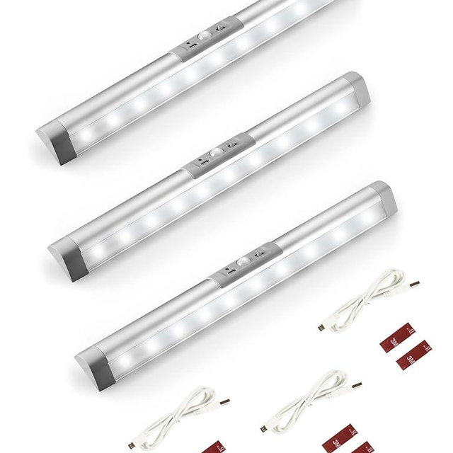 Joyzy 3 Pack Automatic Motion Sensor Closet Lights with Eye-Protection Design, LED Beads for Under Cabinet Wireless Lighting, Rechargeable Night Lighting for Wardrobe Pantry Light Closet Lighting