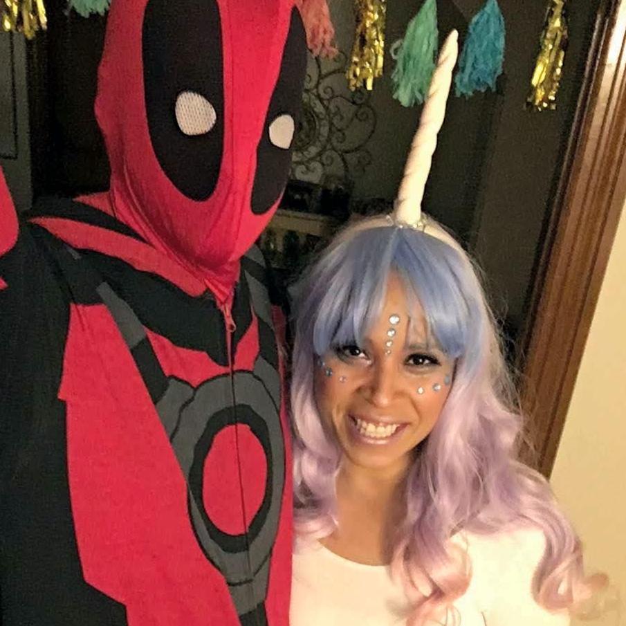 Deadpool and his Unicorn! Our first Halloween together.