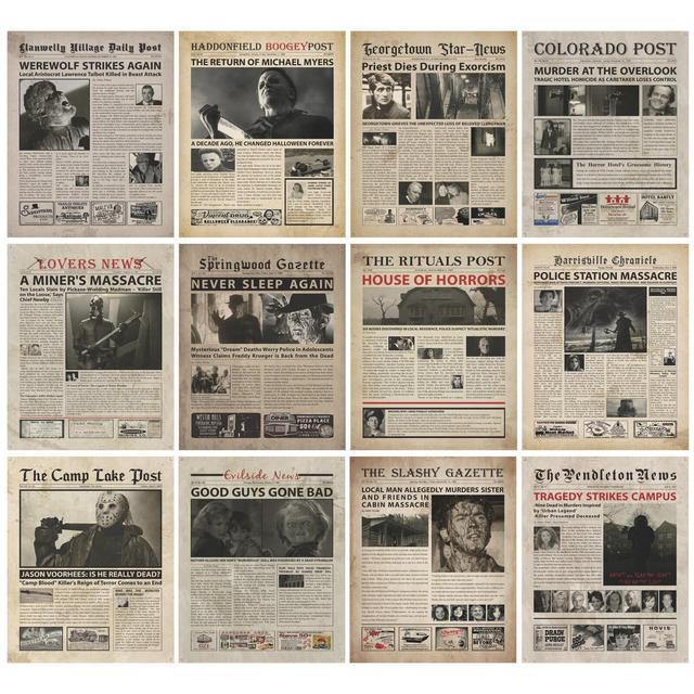 Terrify Horror Scary Movie Newspaper Poster - 8x10" Set of 12 Unframed Prints - Serial Killer Vintage Halloween Decor for Bedroom Wall Art