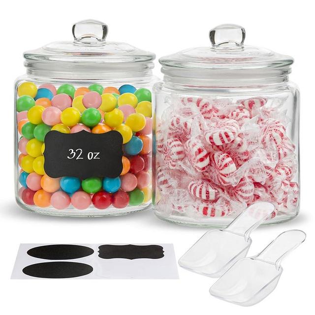 KooK Glass Storage Jars with Lids - 32oz (Set of 2), Kitchen Canisters for Sugar, Cookies, Cotton Balls, Glass Containers with Chalkboard Labels and Airtight Lid