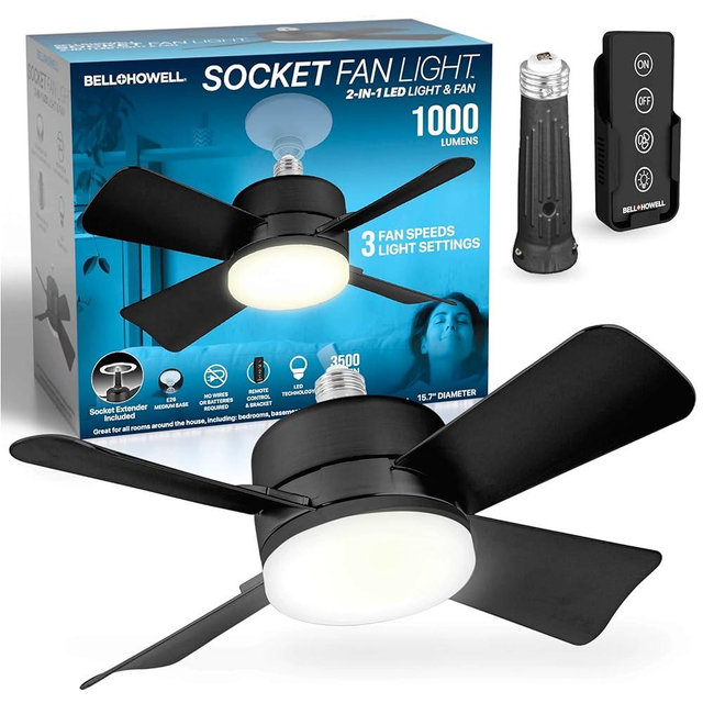 Socket Fan Light with Remote, Black Ceiling Fans with Lights and Remote, Easy Install Ceiling Fan with Light Replacement for Light Bulb/Ceiling Fan for Bedroom Kitchen Living Room, 1000 Lumens (Warm)…