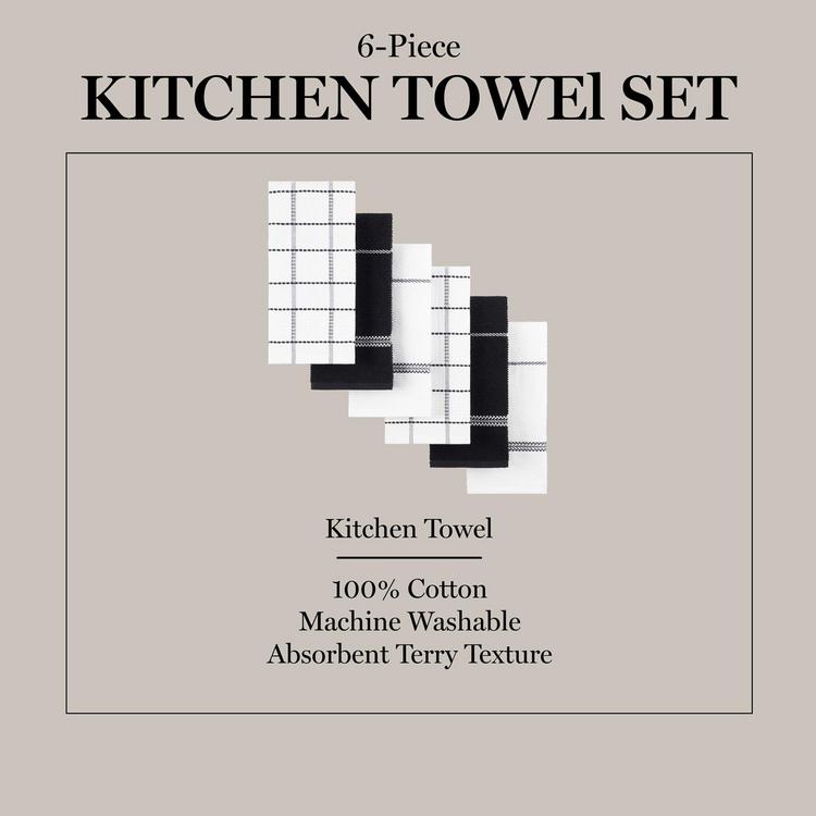 Martha Stewart Modern Waffle Kitchen Towel Set 6-Pack, Black, 16x28