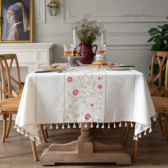 AMZALI Table Cloth Embroidery Floral Pattern Wrinkle Free Heavy Weight Cotton Linen Farmhouse Tablecloth Decorative Fabric Tassel Table Cover for Outdoor and Indoor Use (Rectangle,55 x 70 Inch)