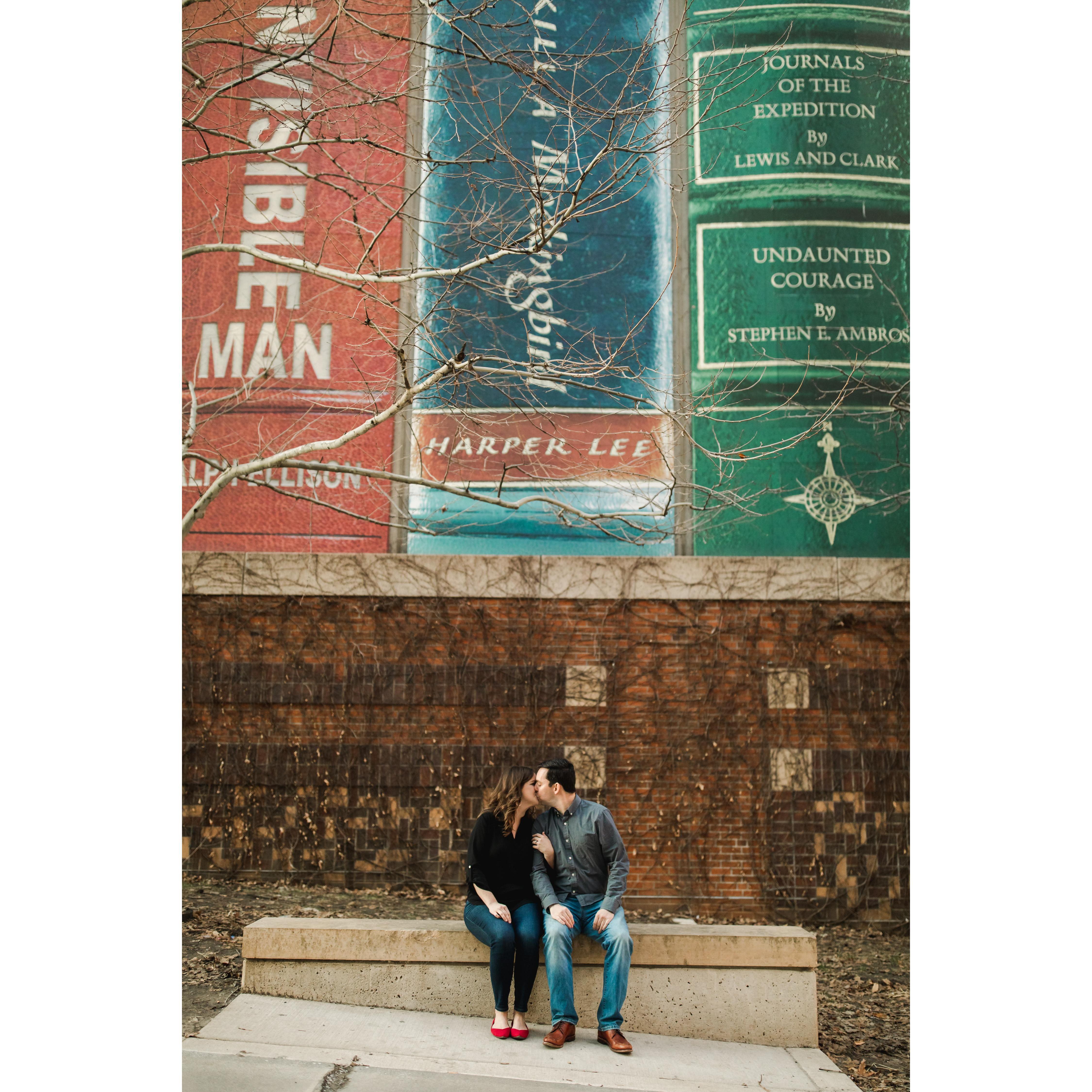 Engagement photo by the downtown Kansas City Library.