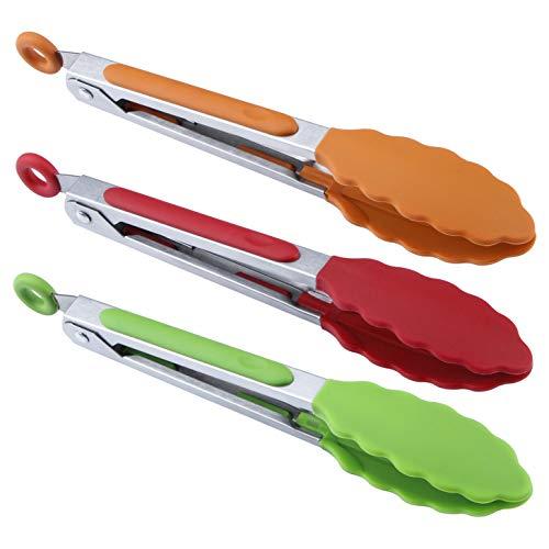 BIGSUNNY 7" Mini Silicone Serving Tongs - Set of 3 (Red Green Orange)