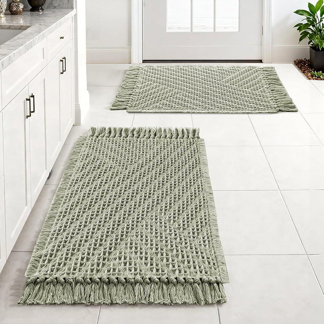 H.VERSAILTEX Waffle Bath Mat Super Absorbent Boho Bath Mat Non Slip Bath Rugs for Bathroom Floor Machine Washable Dry Fast Bathroom Rugs with Tassels (20 x 32 Plus 17 x 24 Inches, Sage)