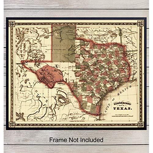 Vintage Texas Map Wall Decor Picture - Retro Antique Style Print for Office, Apartment, Home, Bedroom, Living Room, Den or Bar Decoration - Gift for Lone Star State Fans - 8x10 Photo Poster