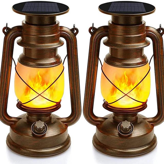 LED Vintage Lantern Solar Powered Outdoor Waterproof Flickering Flame Lantern Rustic Hanging Lantern Lamps Halloween Pirate Lantern for Garden Patio Deck Yard Porch Home Decor, 2 Pack