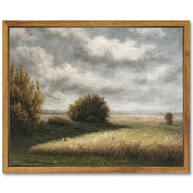 SHENIFY Vintage Landscape Framed Canvas Wall Art Grassland Classic Wall Prints Farmhouse Kitchen Office Decor - 8x10in Natural Framed