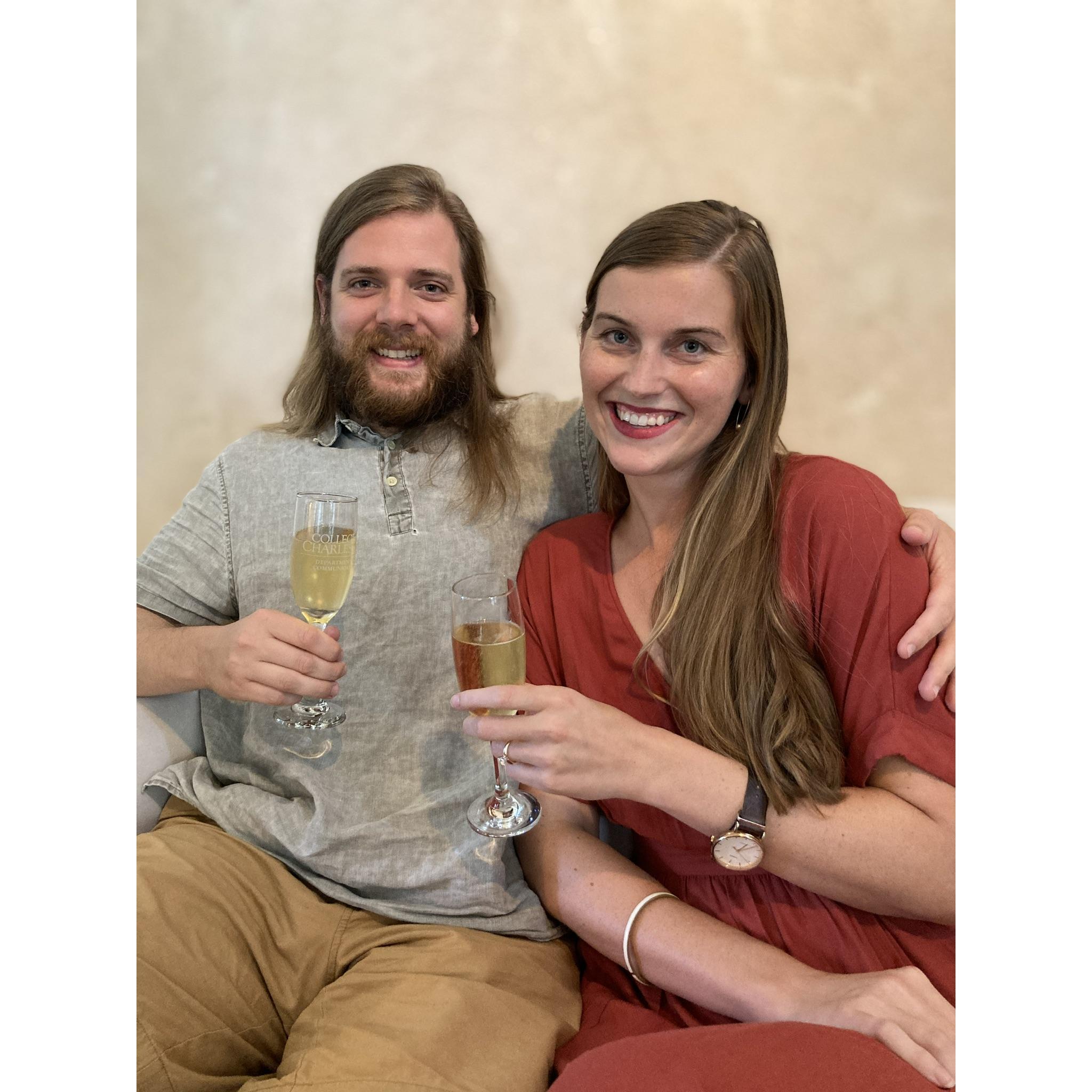 Toasting to our engagement after surprising the Hanham Gross's