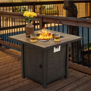 Fire Table Metal Propane Gas Black with Gold-Painted Edge with Lava Rocks and Lid
