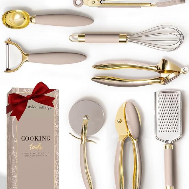 Gold and Beige Kitchen Utensils Set – 8 PC Cooking Gadgets with Mini Gold Whisk and Tongs, Pizza Cutter, Garlic Press, Cheese Grater, Peeler, Can Opener, Scoops – Stylish Beige Kitchen Accessories