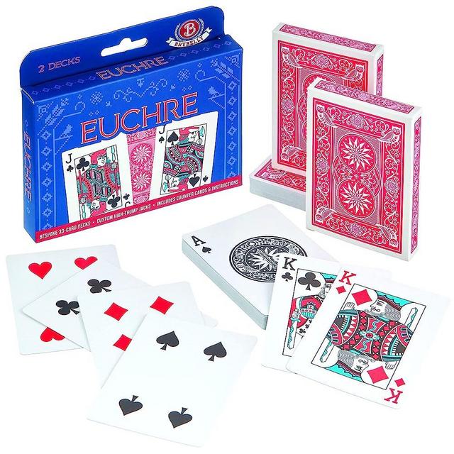 Brybelly Euchre Card Game - 2 Specialty Decks Pre-Stripped to 33 Cards for Classic American Euchre or 32 Card 6-Player Variant - Custom Bower Jacks Card Art and Blank Counter Cards Included