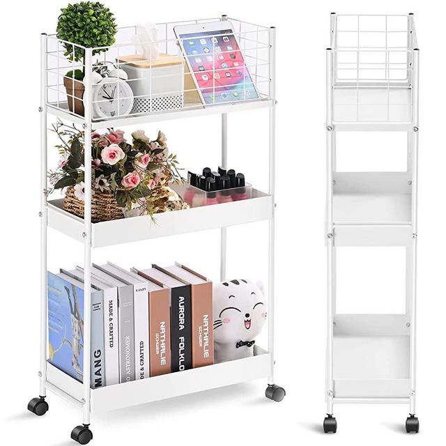 KINGRACK 3-Tier Metal Rolling Utility Cart with Wheels,Slim Storage Cart,Slide Out Storage Cart, Skinny Storage Rolling Cart,Storage Trolley Cart for Office Kitchen Bathroom Narrow Place,White