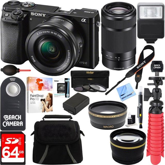Sony Alpha a6000 24.3MP Mirrorless Camera 16-50mm & 55-210mm Zoom Lens (Black) + 64GB Accessory Bundle + Deluxe Gadget Bag + Extra Battery+Wide Angle Lens+2x Telephoto Lens+Flash+Remote+Tripod