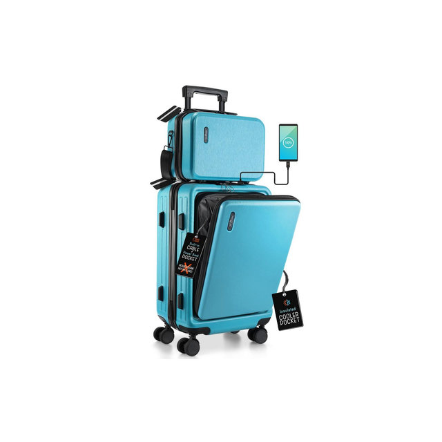 TravelArim 22" Airline Approved Hard-shell Carry On Luggage with Attachable Cosmetic Case - Teal Blue