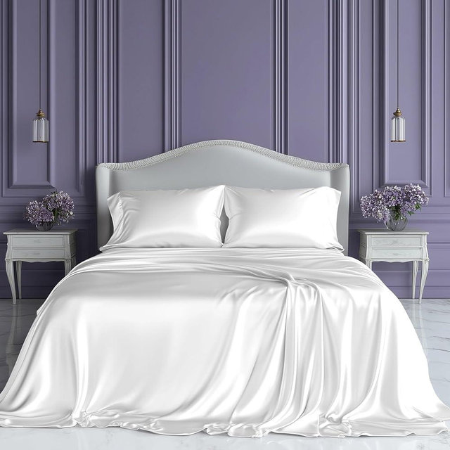 SLEEP SANCTUARY Satin Sheets Queen Size – 4 Piece Luxury Silky Bed Set, Softer Than Silk, 15" Deep Pocket, Cooling & Wrinkle-Free, Moisture-Wicking & Breathable for Hair & Skin (White)