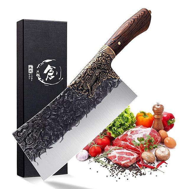 Meat Cleaver Hand Forged Heavy Duty Bone Chopper Full Tang Butcher Knife High Carbon Steel Chef's Knife with Gift Box Vegetable Cooking Cutting Knives for Kitchen and Restaurant, Fathers Day Gift