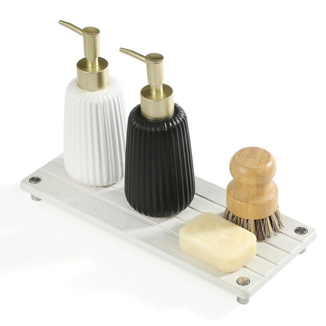Razborci Instant Dry Sink Caddy Kitchen Sink Organizer, Quick Drying Stone Tray Diatomite Sponge Holder Soap Dish, Bathroom Countertop Fast Dry Water Absorbing Vanity Rack, Beige,12" x 5"