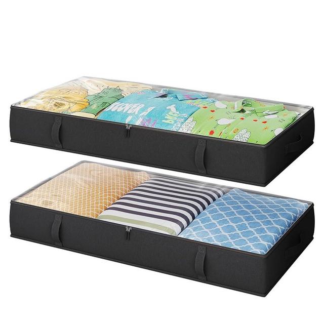 2-Pack Under Bed Storage, 6 Inches Tall Closet Organizers and Storage Bins with Sturdy Sidewalls/Bottom/4 Handles, Black