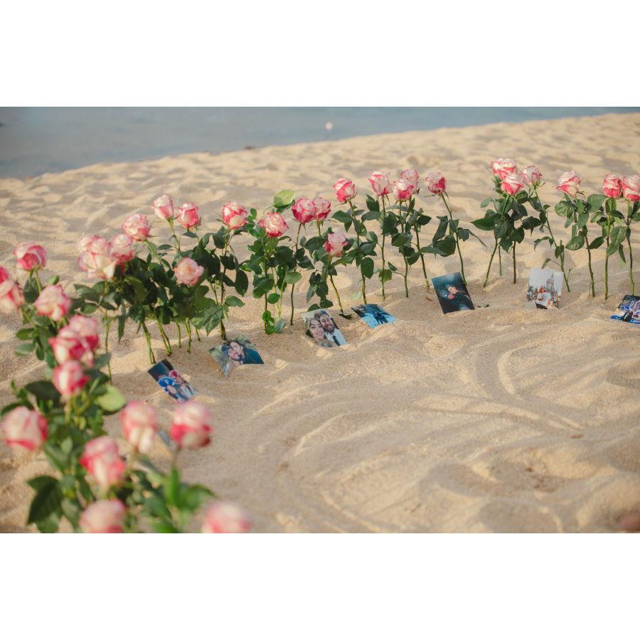 Engagement set up: roses with photos of memories of Angie & John!