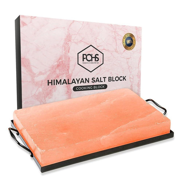 POHS Himalayan Pink Rock Salt Block 12"x 8" x 1.5" For BBQ, Grilling, Cooking, Hot and Cold Serving, Himalayan Salt Slab with Premium Quality Metal Holder