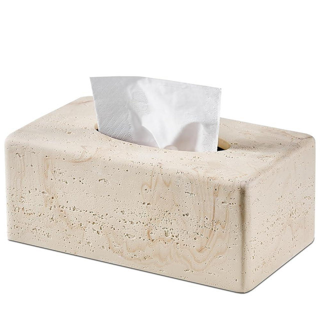 Natural Travertine Textures Tissue Box Cover Rectangular for Home Decor,Resin Heavy Tissue Box Holder for Bathroom Countertop,Tabletop,Bedside Table,Office （Made of Resin, Height of 4 in