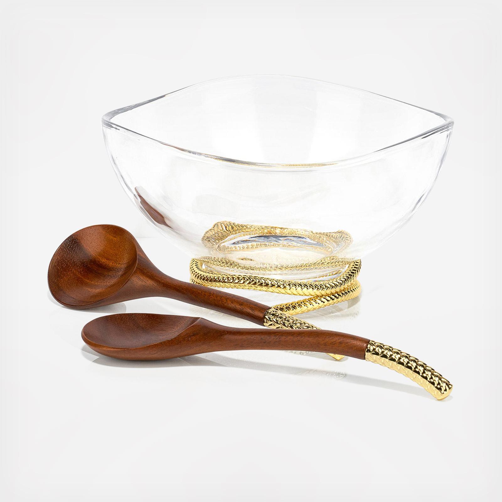 Braid Gold Glass Salad Bowl with Servers - Thumbnail 2
