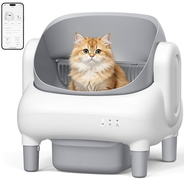 MusingFairy Automatic Litter Box,Self Cleaning Cat Litter Box with App Control, Open-Top Large Space, Dual Safety Sensors, Ultra-Quiet, for Multiple Cats, Light Gray