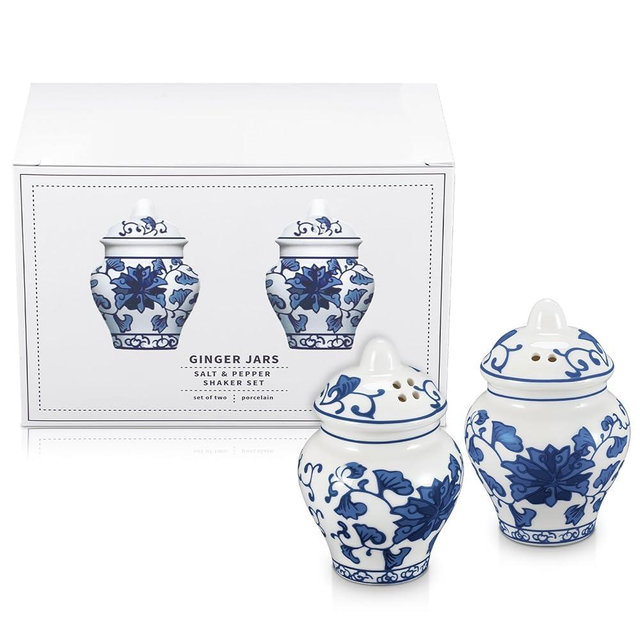 Honeydak 2 Pcs Chinoiserie Mini Ginger Jar Salt and Pepper Shakers Set in Gift Box Ceramic Jar Design, Elegant Blue & White Porcelain Spice Containers for Dining Table