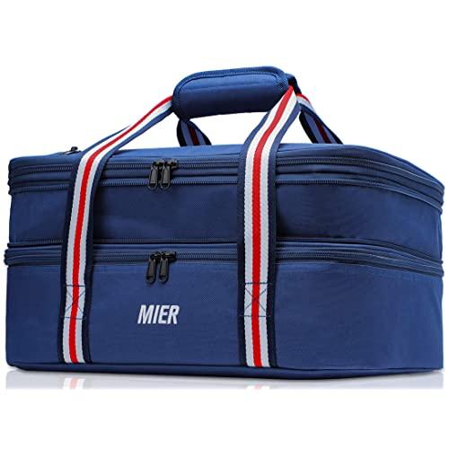 MIER Insulated Double Casserole Carrier Thermal Lunch Tote for Potluck Parties, Picnic, Beach, Fits 9 x 13 Inches Casserole Dish, Expandable, Dark Blue