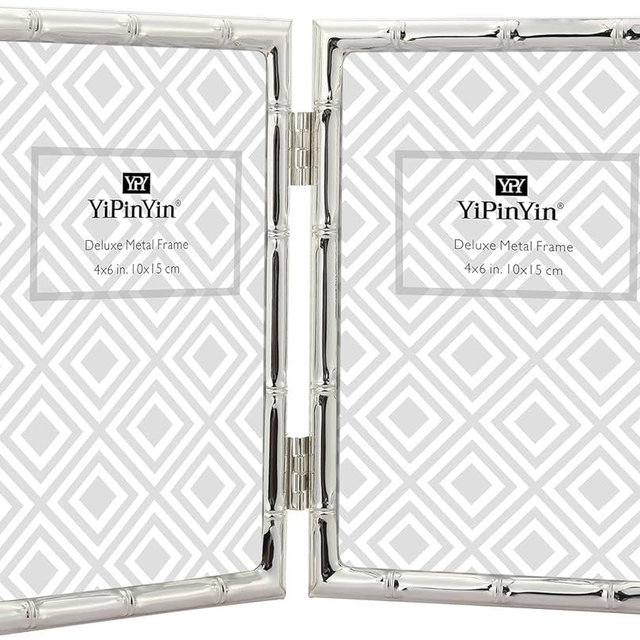 4x6'' Bamboo Detail Double Photo Frames,Silver 6x4'' Double Metal Picture Frames,Elegant Silver Plated Photo Frames 4 x 6'' With Soft Touch Velvet Backing and Real Glass for Desktop and Shelf Decor