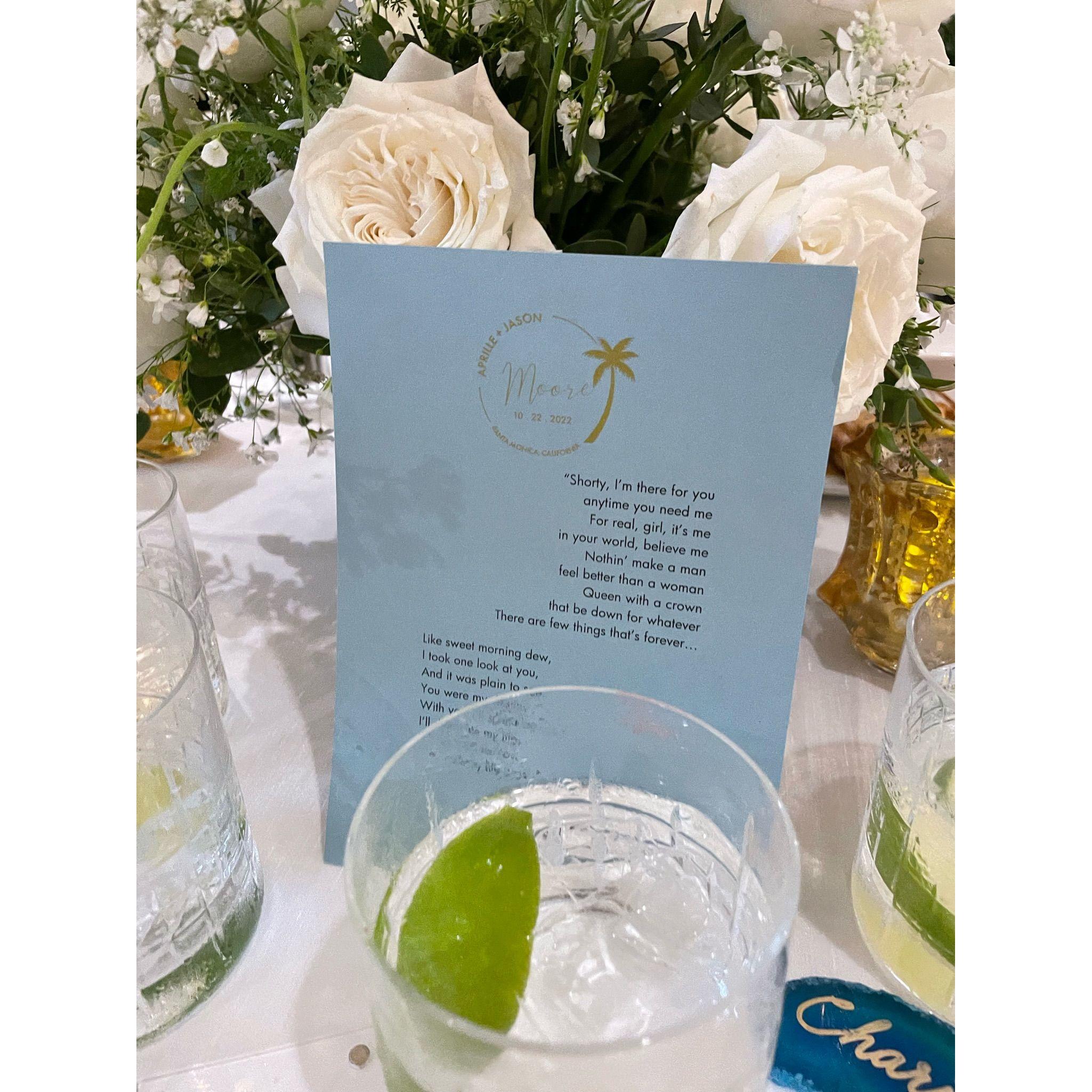 Each guest received a notecard with the lyrics of the couples song -- "You're All I Need, Mary J. Blige & Method Man" -- and a personalized message on the other side.