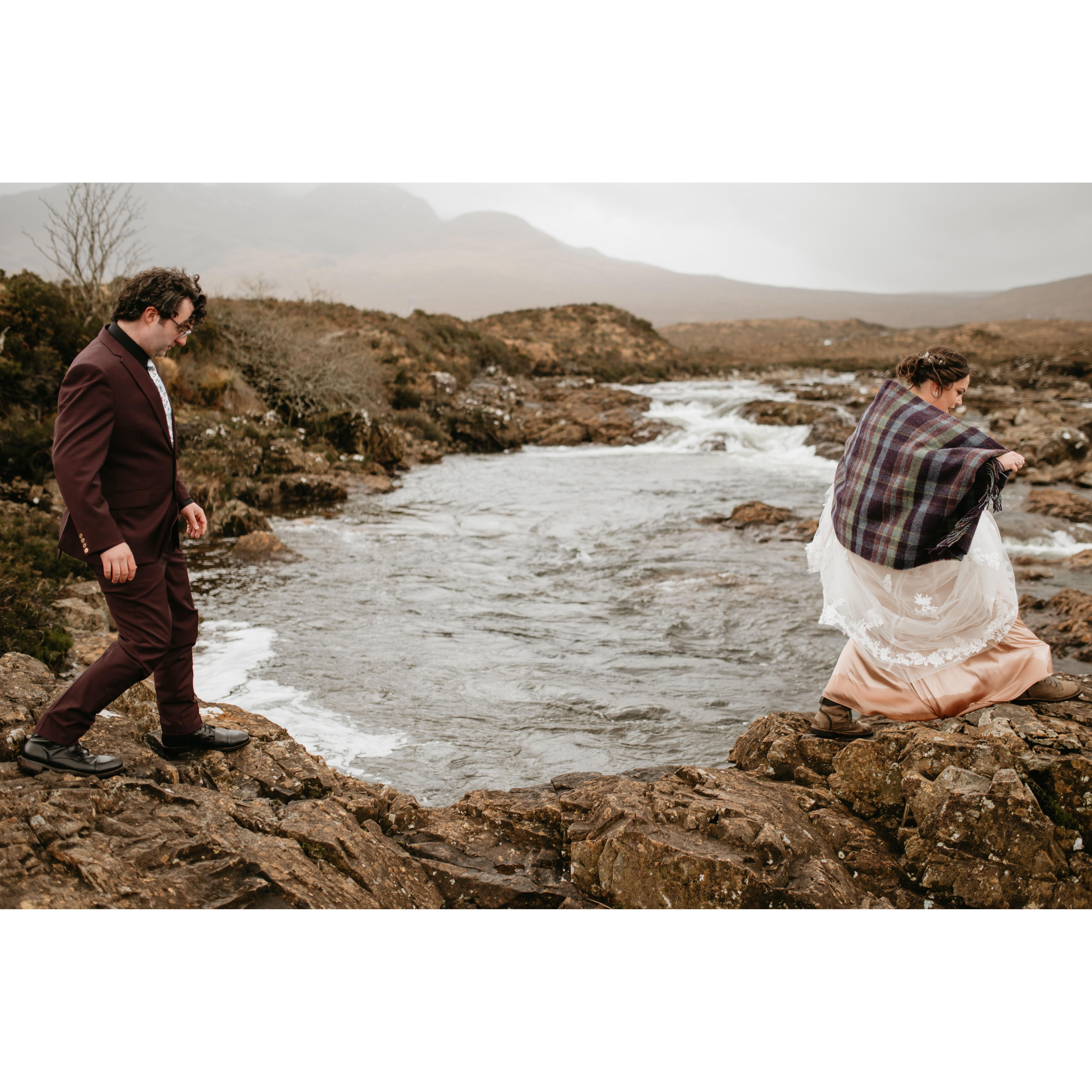 Normally, Chris is the one who leads the way when jumping across rocks over rivers, but roles were reversed! Lauren was far more graceful than usual in a wedding gown than in workout clothes!