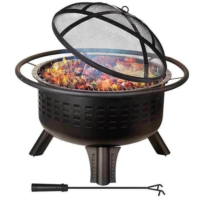 Hykolity 31" Fire Pit for Outside with Cooking Grate, Outdoor Firepit Wood Burning Fire Pit with BBQ Grill Spark Screen Cover Log Grate Fire Poker for Backyard Bonfire Patio