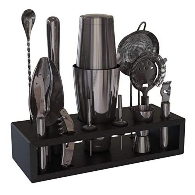 Highball & Chaser Gun Metal Black Plated Premium Bartender Kit with Espresso Bamboo Stand Boston Shaker Cocktail Shaker Set with Stainless Steel Bar Tools