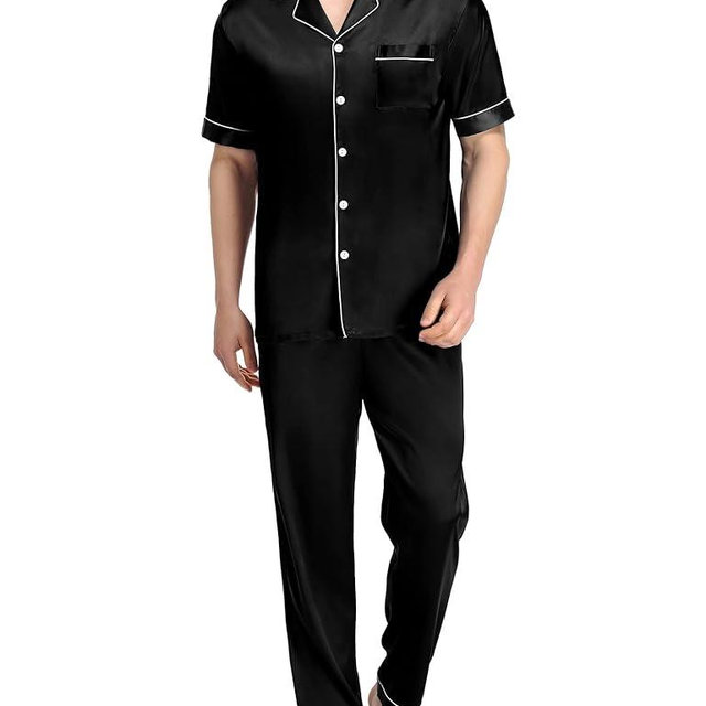 SWOMOG Mens Satin Pajama Set Short Sleeve Classic Sleepwear Button Down Silky Loungewear with Long Pants