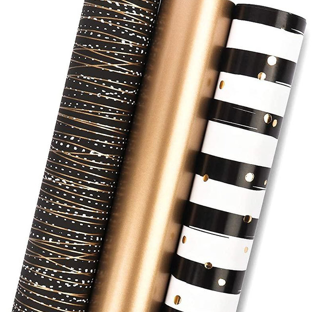 MAYPLUSS Wrapping Paper Roll - Mini Roll - 17.3 inch X 120 inch Per roll - 3 Different Black Gold Stripe Design (14.4 sq. ft.TTL.)