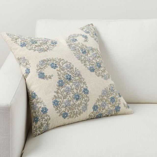 Jolyn Paisley Embroidered Pillow, 20", Blue Multi