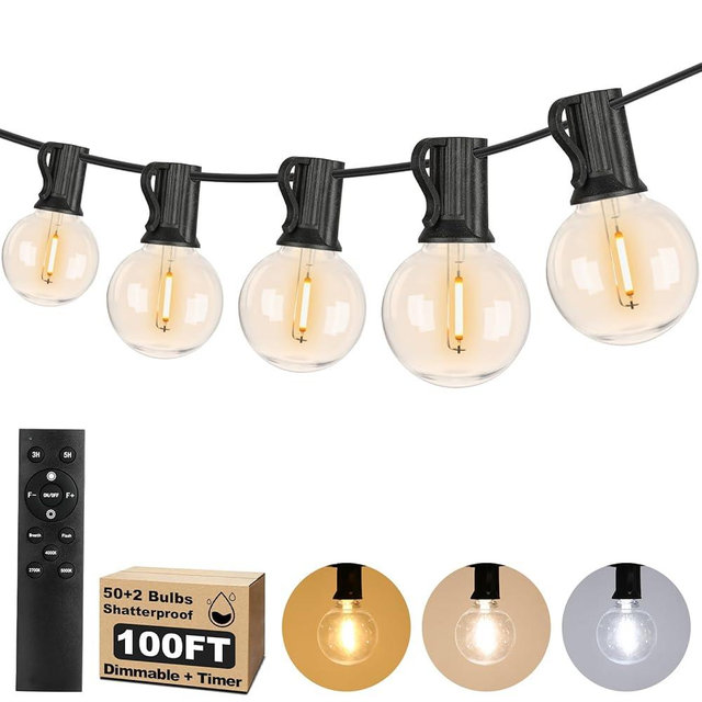 100FT LED Outdoor String Lights with 3 Color Lights, Dimmable String Lights for Outside with Remote, G40 Globe Waterproof Patio Lights with 50+2 Shatterproof Bulbs for Party Backyard BBQ House Camping