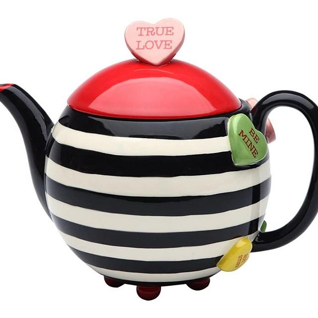 StealStreet SS-CG-62365, 7 Inch Porcelain Valentine Striped and Heart True Love Teapot Server